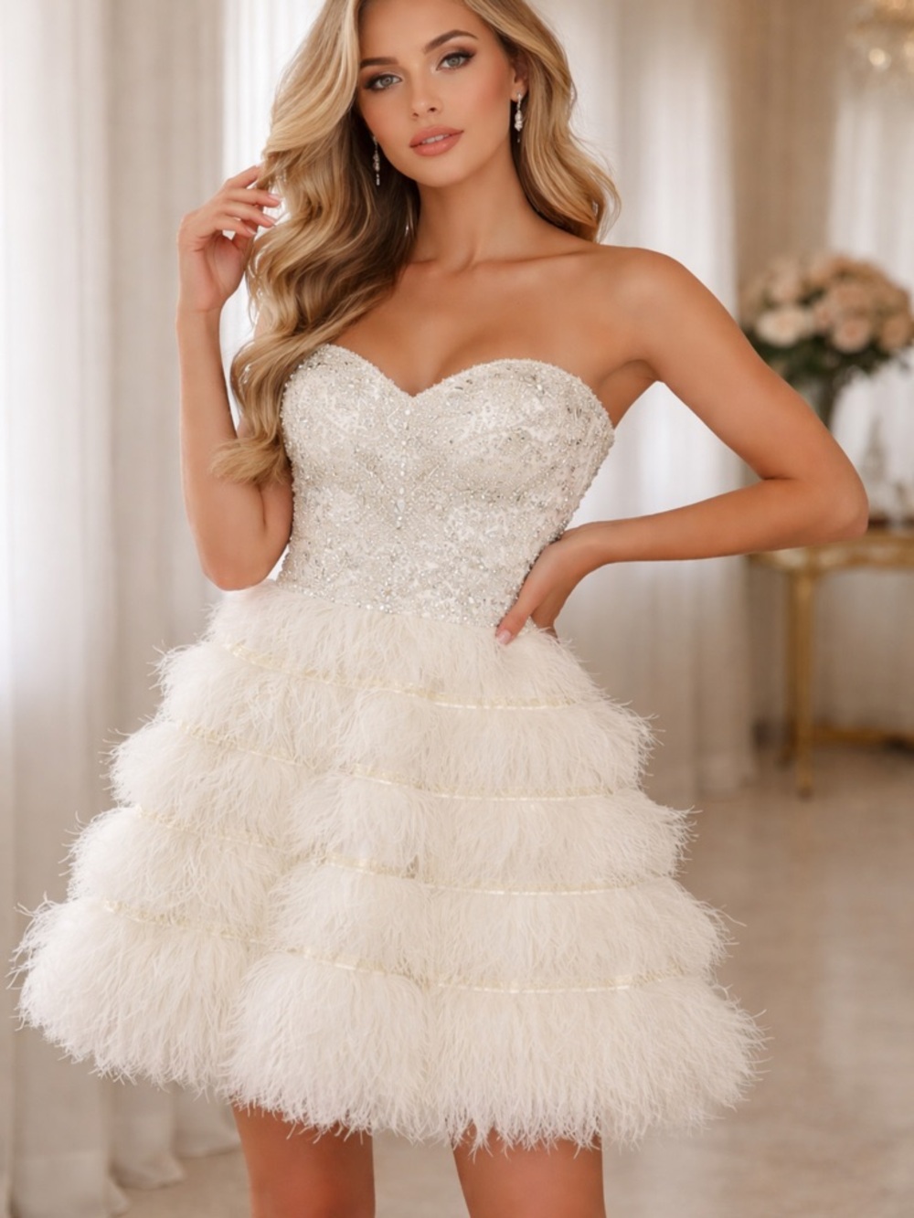 JJs House Ivory Strapless Feather‎ Beaded Party Dress Mini